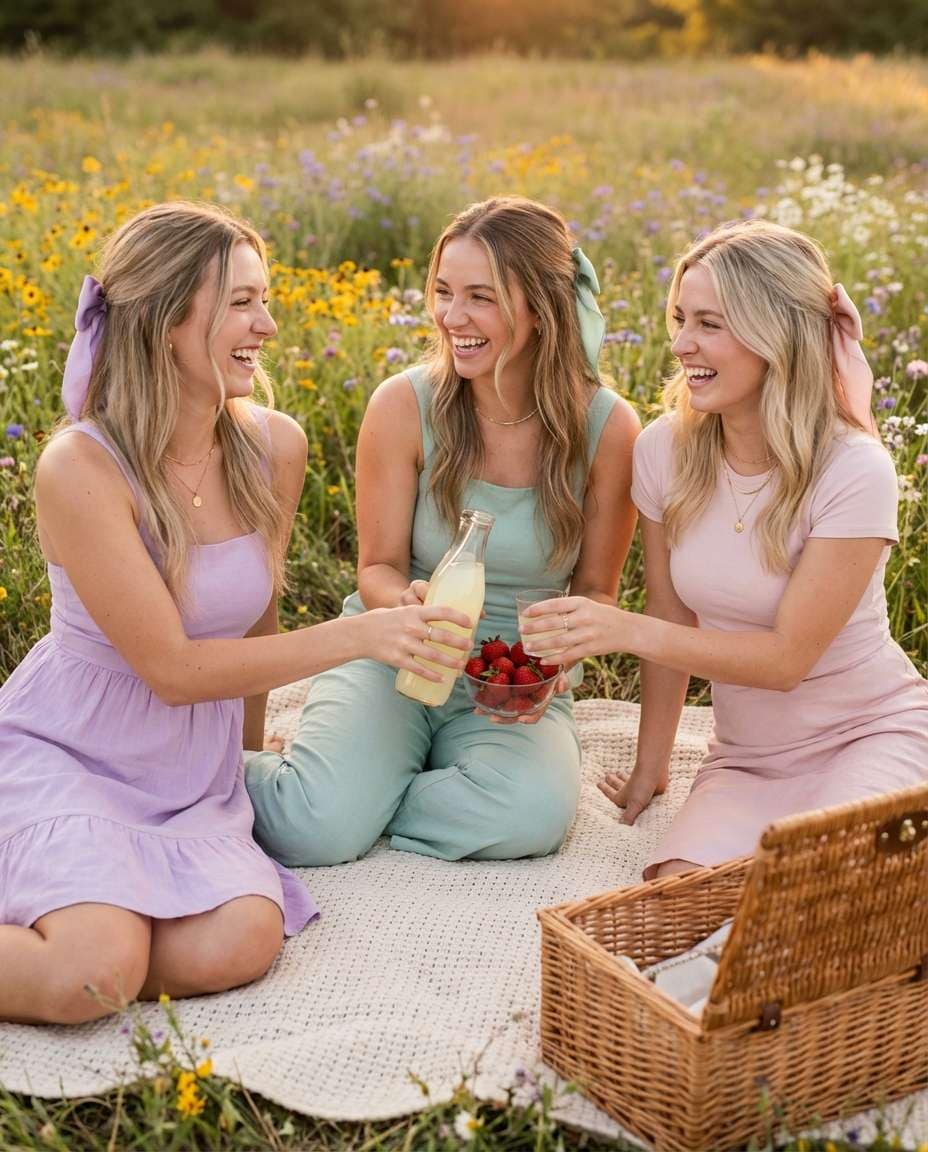 Field Picnic Friends AI portrait example — AI Flower Photo Prompt for Girls