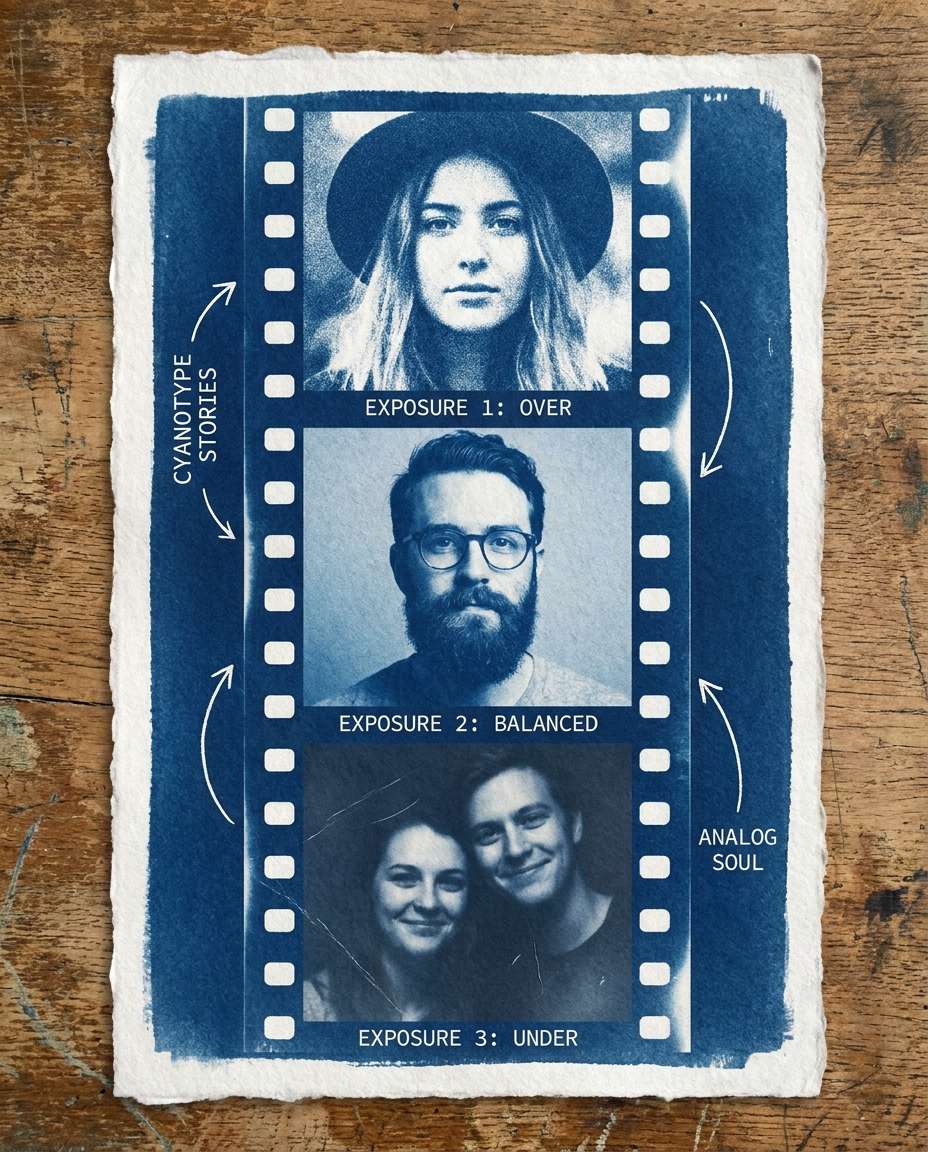 Film Strip Collage AI portrait example — Free AI Cyanotype Photo Prompts for Gemini & ChatGPT