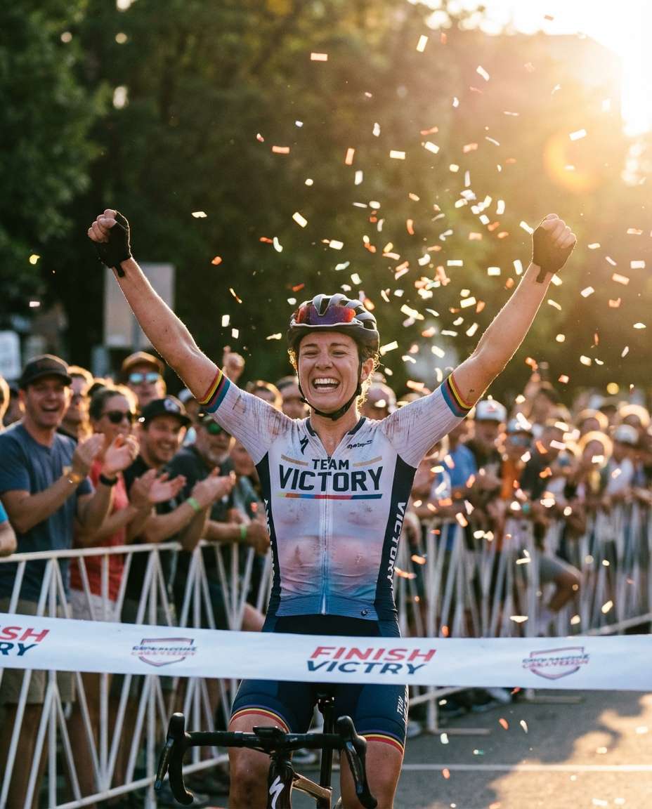 Finish Line Celebration AI portrait example — Gemini AI Cyclist Photo Prompts