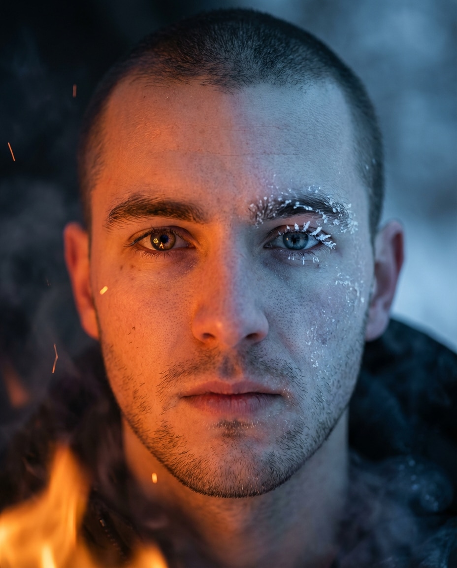 Fire and Ice Face AI portrait example — Gemini AI Half Face Prompt