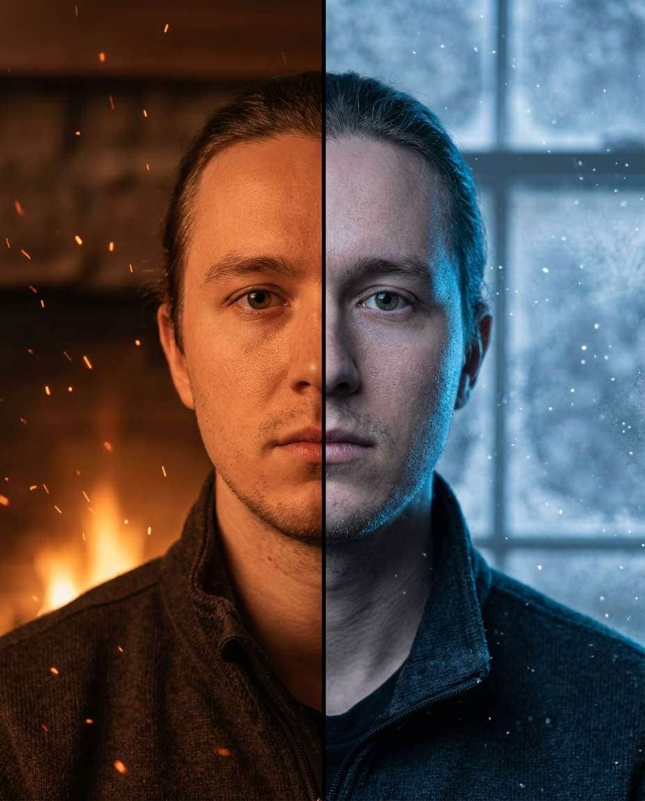 Fire vs Ice Aura AI portrait example — AI Split Photo Prompt