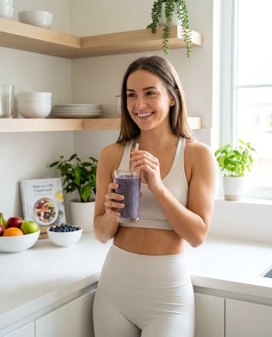 Fitness Smoothie Sip AI portrait example — AI Blueberry Image Prompts for Gemini & ChatGPT