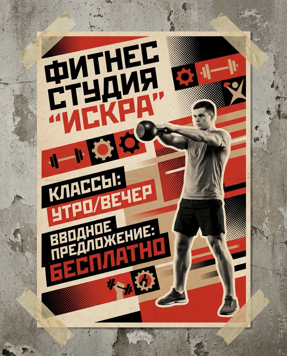 Fitness Studio Promo AI portrait — Gemini & ChatGPT AI Constructivism Poster Prompts