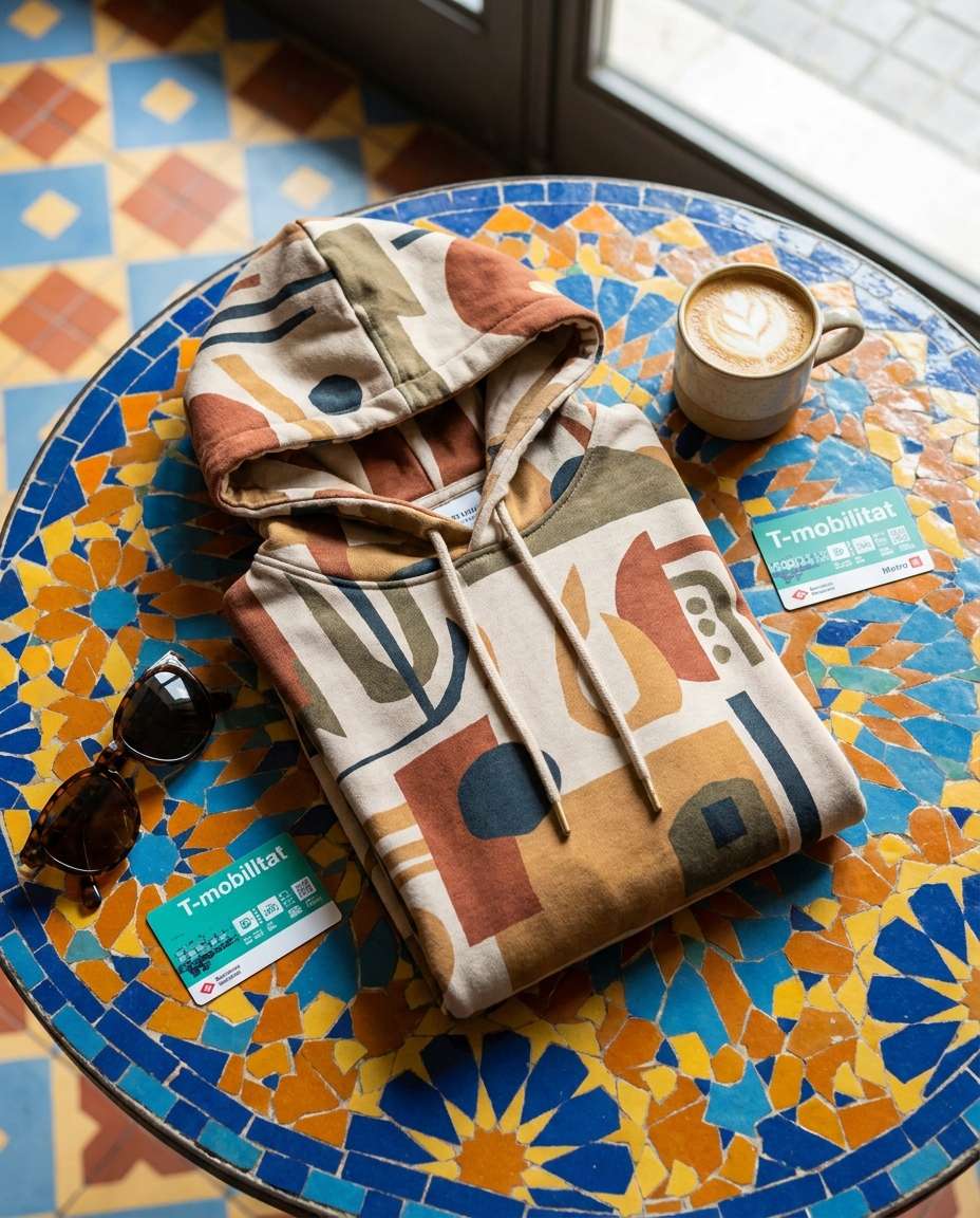 Flat Lay Tiles AI portrait example — Gemini AI Barcelona Hoodie Prompt
