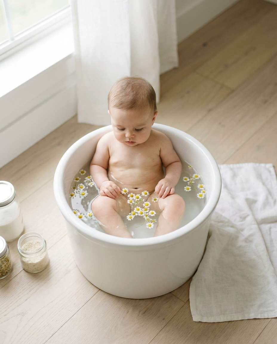 Floral Bath Time Calm AI portrait example — AI Baby Flower Photo Prompt