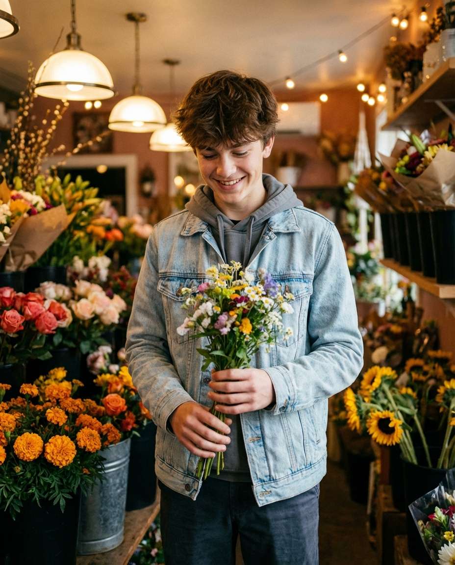 Flower Shop Candid AI portrait — Gemini AI Flower Photo Prompt for Boys