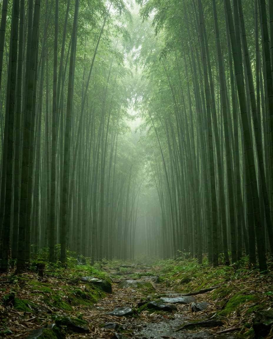 Foggy Bamboo Grove AI portrait example — Gemini AI Landscape Photo Prompt