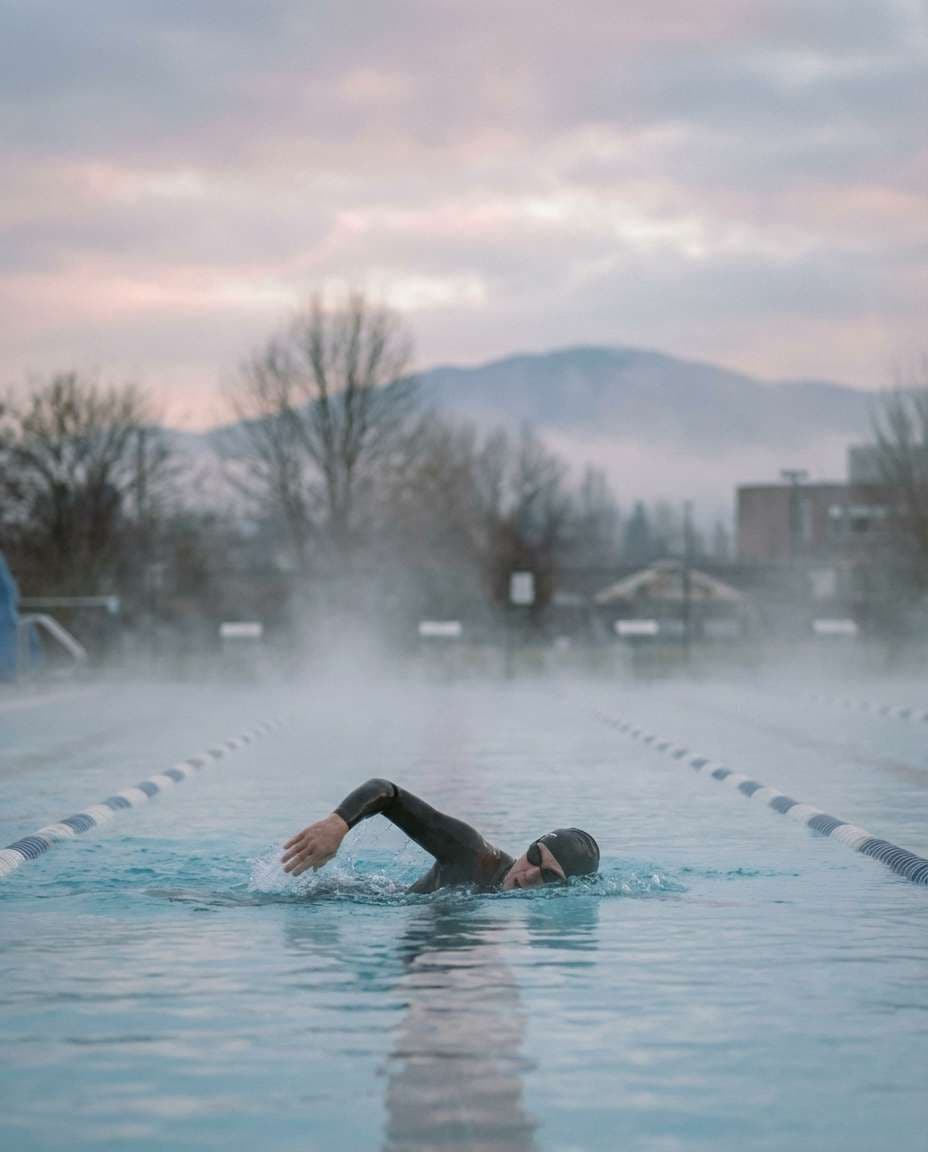 Foggy Morning Laps AI portrait example — Gemini AI Swimmer Photo Prompts