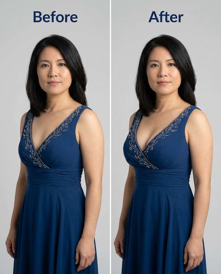 Formal Gown Cleavage AI portrait example — AI Breast Expansion Prompts for Gemini & ChatGPT: 25+ natural retouch ideas