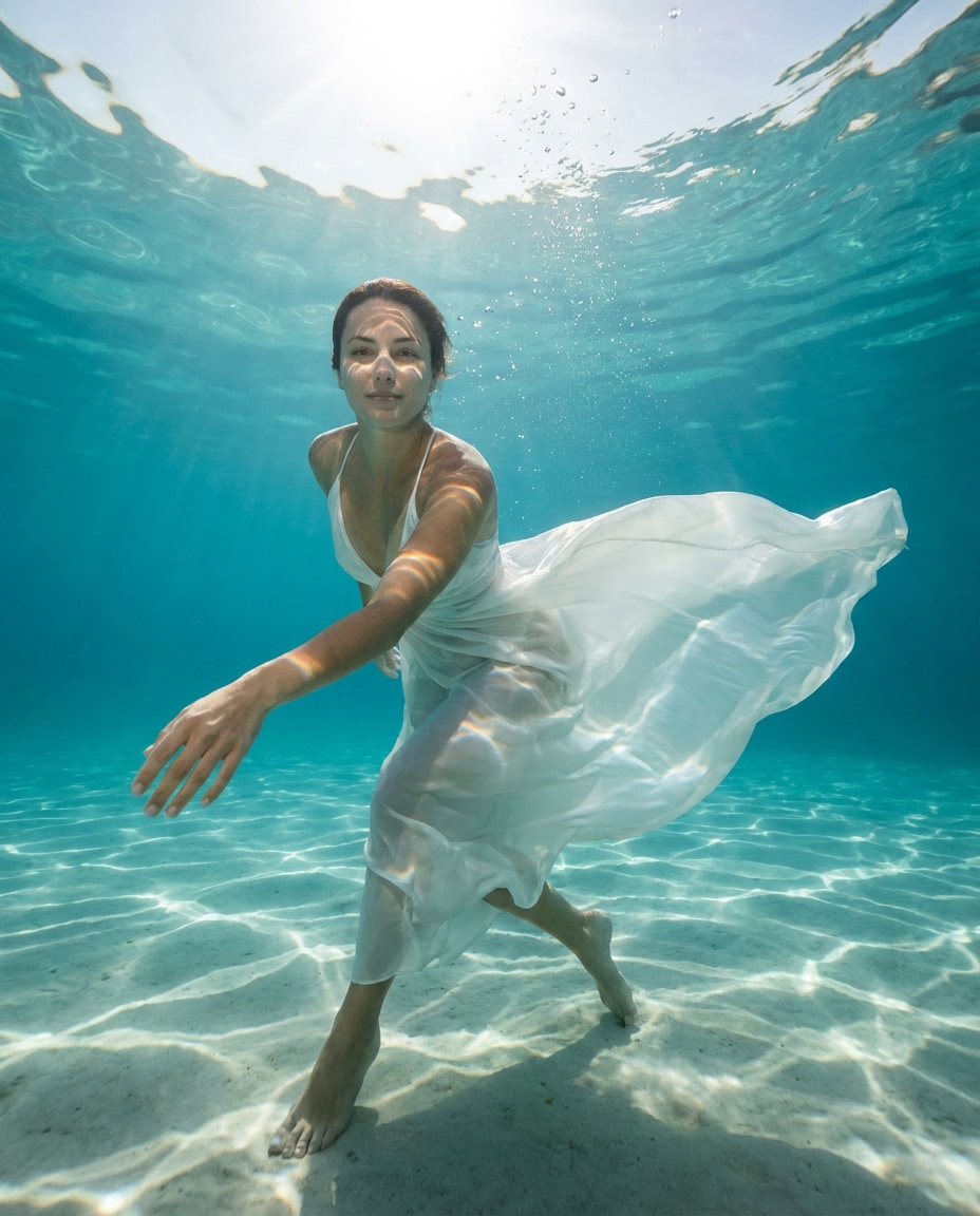 Freediver Silk Dress AI portrait example — Gemini AI Underwater Prompt