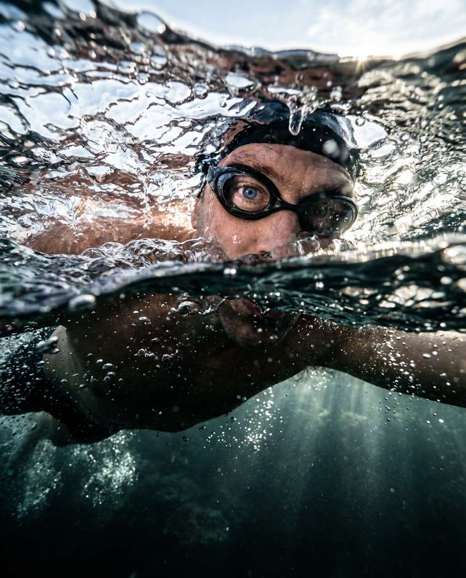 Freestyle Waterline Closeup AI portrait example — Gemini AI Swimmer Photo Prompts