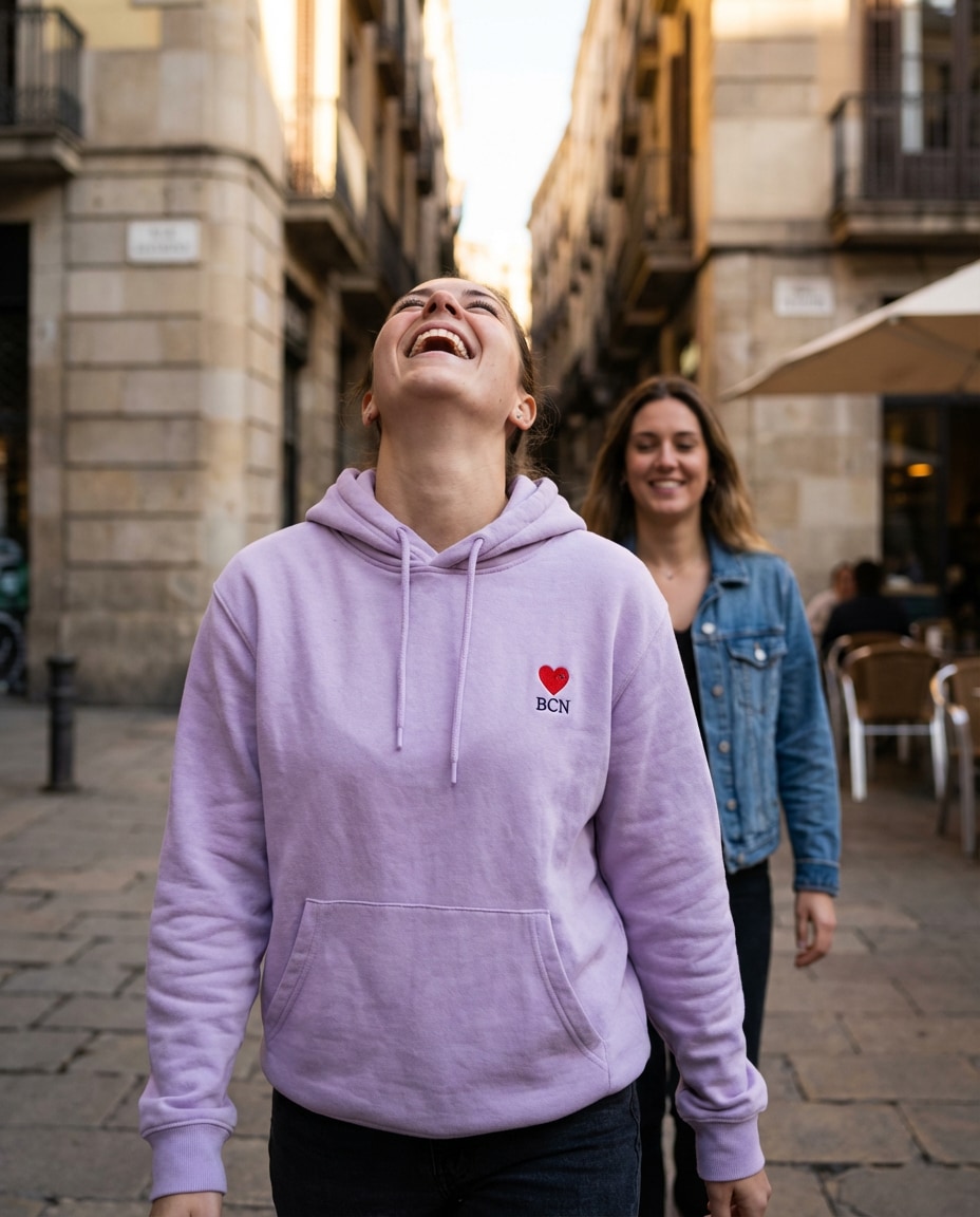 Friends Candid Laugh AI portrait — Gemini AI Barcelona Hoodie Prompt