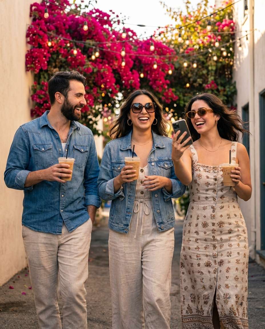 Friends Laughing Lane AI portrait example — AI Bougainvillea Photo