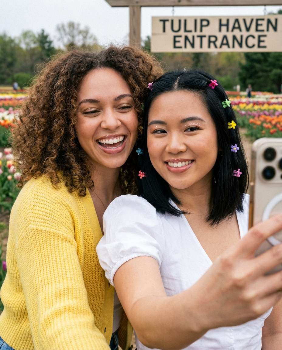 Friends Spring Selfie AI portrait example — AI Tulip Garden Photography Prompt