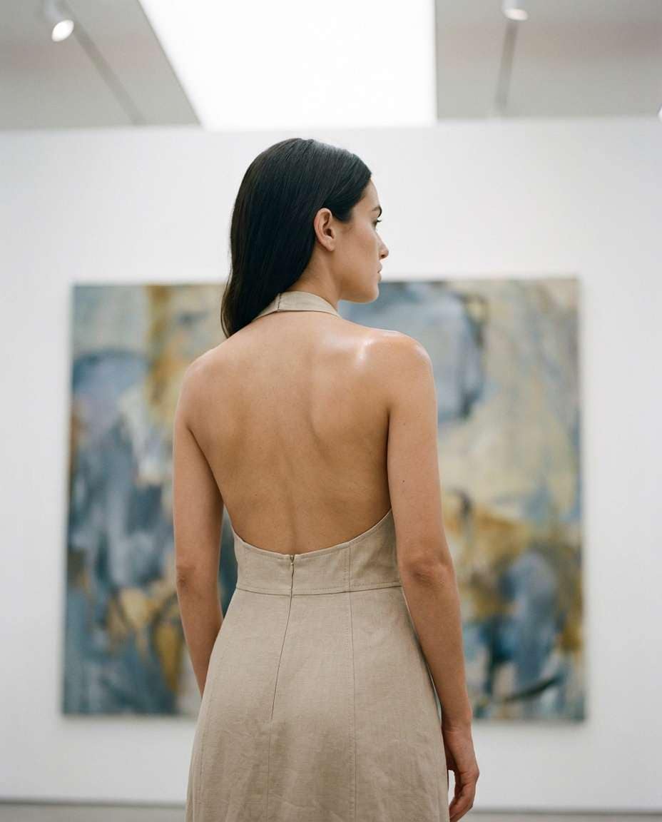 Gallery Opening Pose AI portrait — Gemini AI Backless Dress Prompt