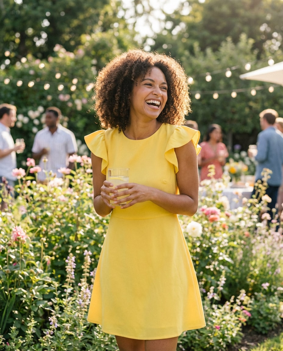 Garden Party Afternoon AI portrait example — Gemini AI Short Dress Prompt