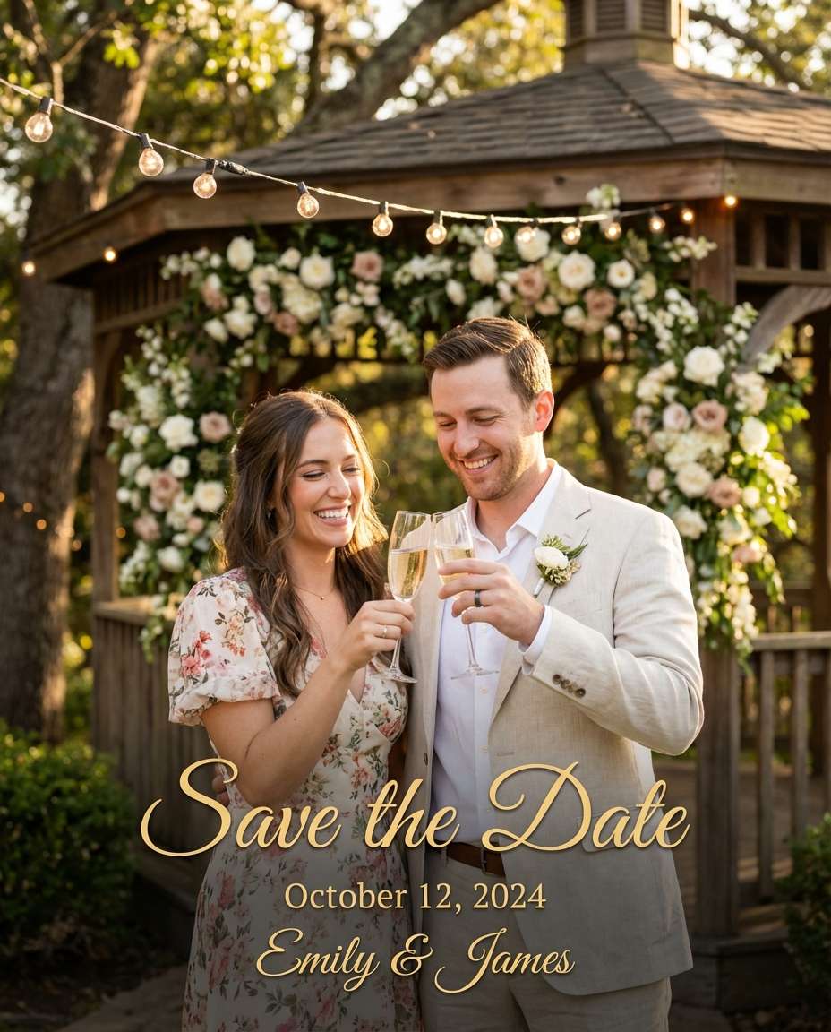 Garden Party Champagne AI portrait — Gemini AI Save The Date Prompt