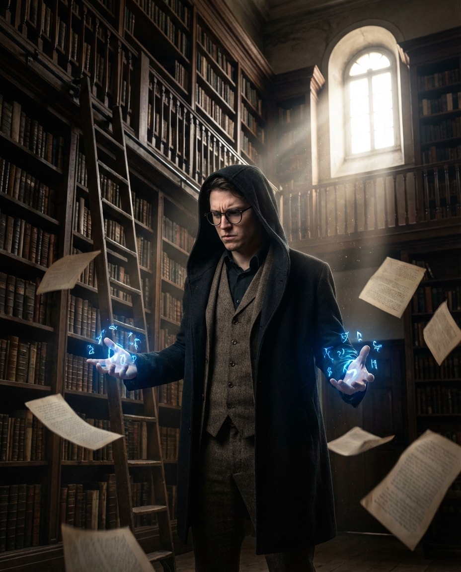 Giant Library Spellcaster AI portrait — Gemini AI Fairytale Prompt