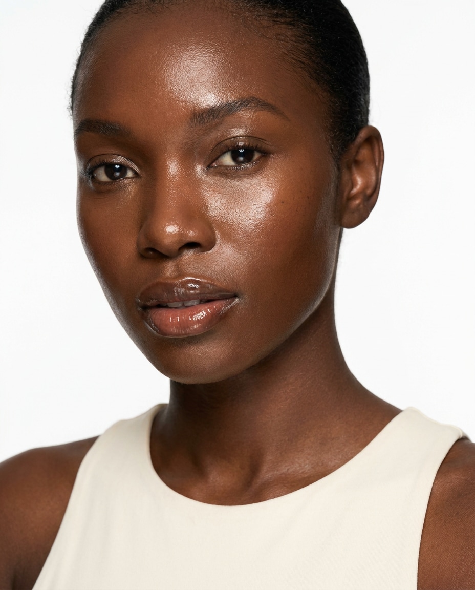 Glass Skin Minimal AI portrait example — Gemini Lipstick Prompt