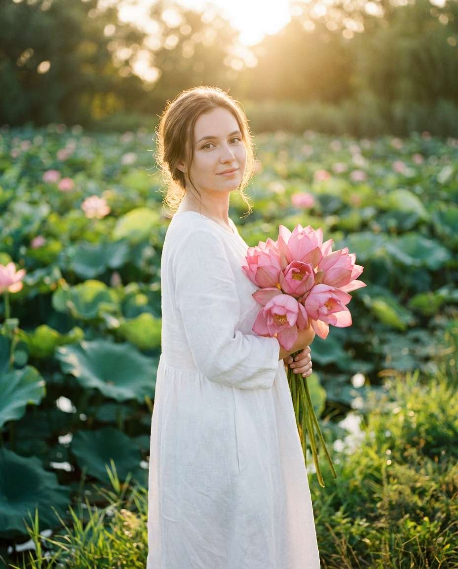 Golden Hour Lotus Portrait AI portrait example — AI Lotus Flower Photo Prompt