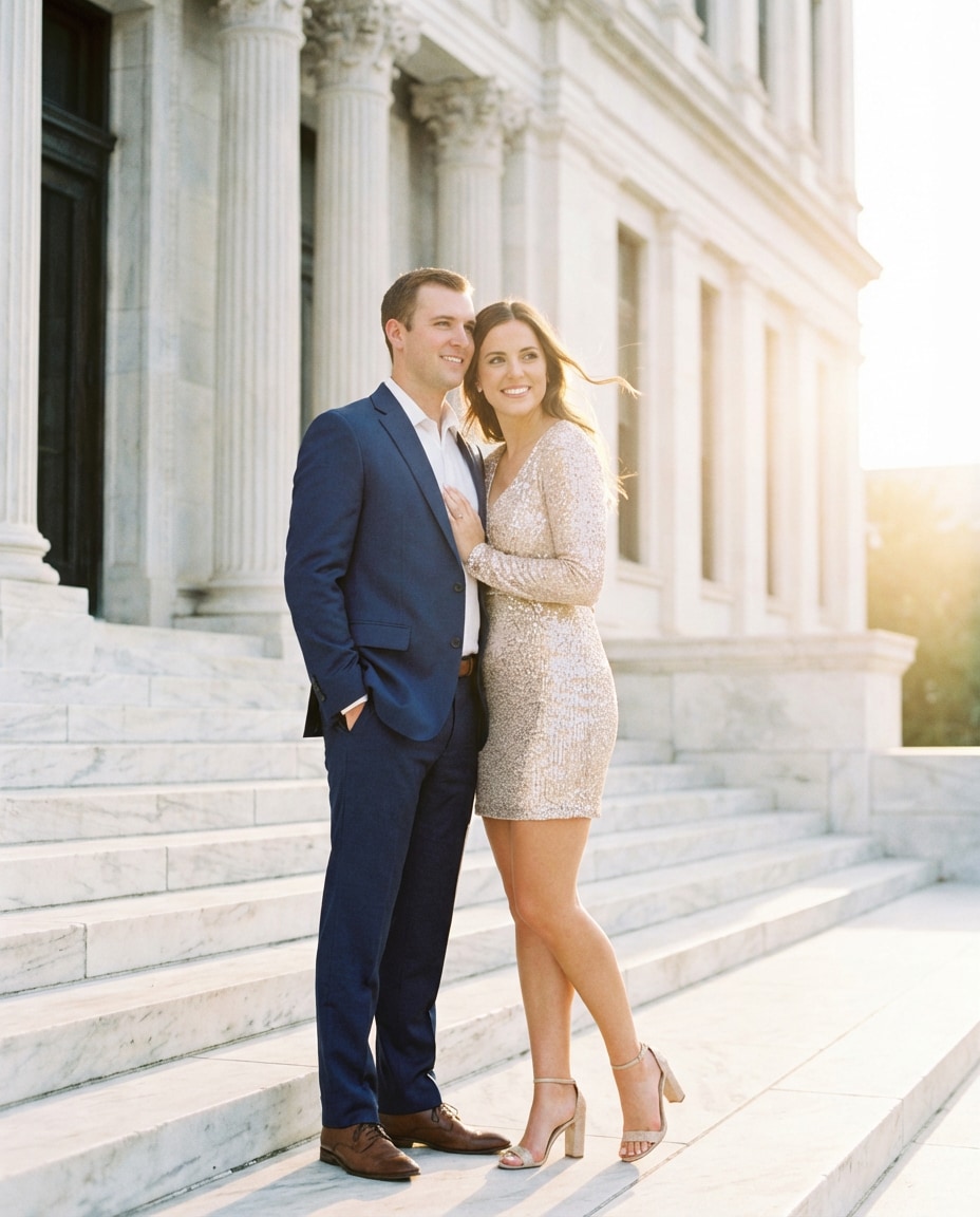 Golden Hour Steps AI portrait — Gemini AI Hot Dress Couple Prompt
