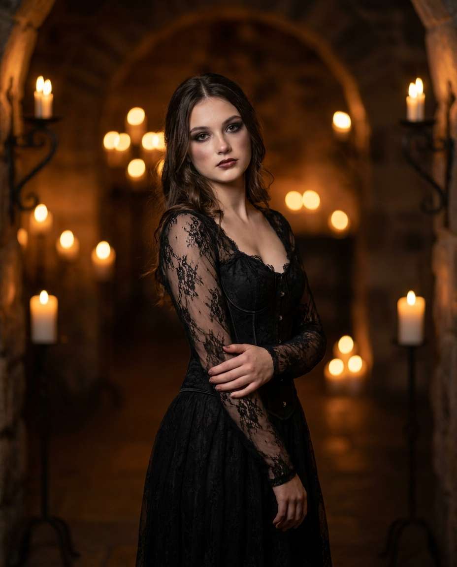 Goth Glam Lace AI portrait — Gemini AI Prom Dress Prompt