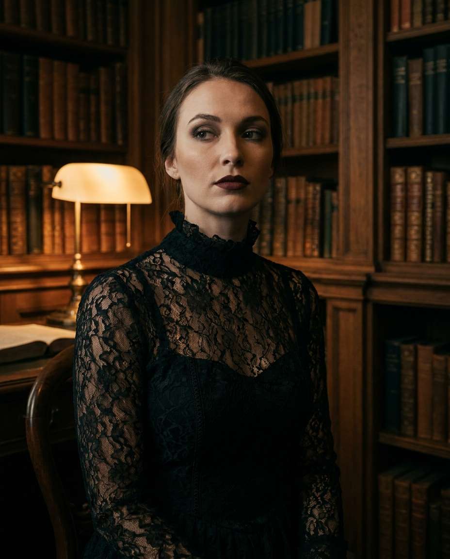 Gothic Lace High Neck AI portrait example — Gemini AI Lace Dress Prompt