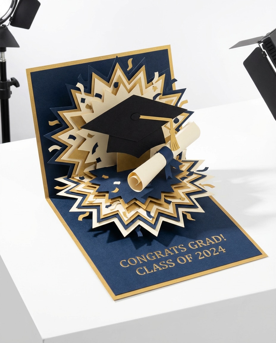 Graduation Burst Pop AI portrait example — AI 3D Pop-up Card Prompt