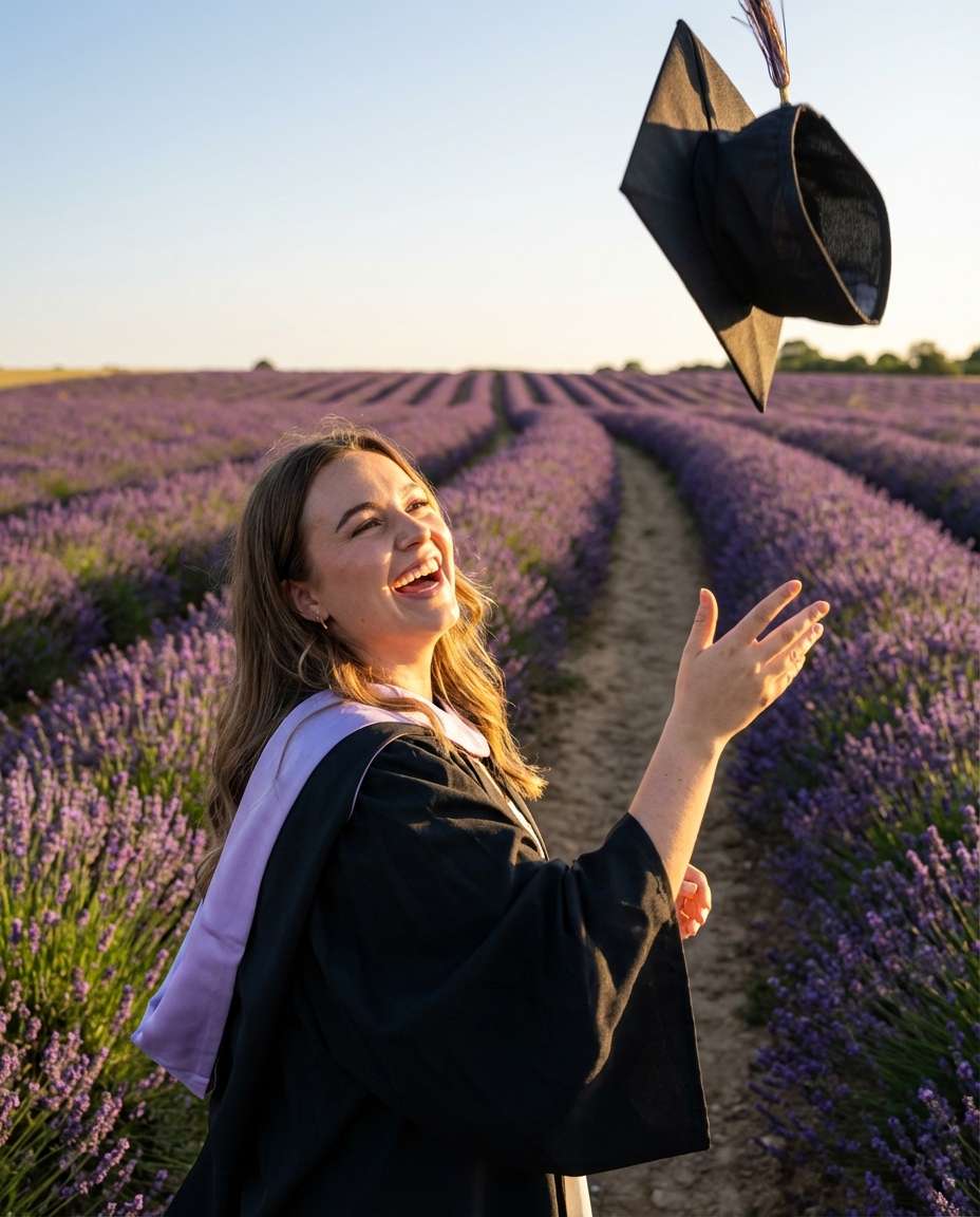 Graduation Cap Toss AI portrait example — AI Lavender Field Photo