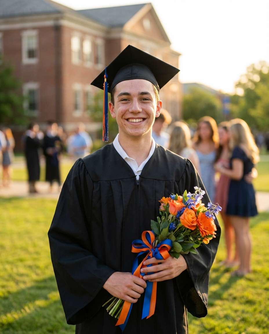 Graduation Flower Pride AI portrait example — Gemini AI Flower Photo Prompt for Boys