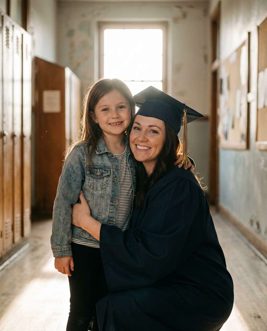 Graduation Gown Time-Blend AI portrait example — Gemini Hug My Youngself Prompt