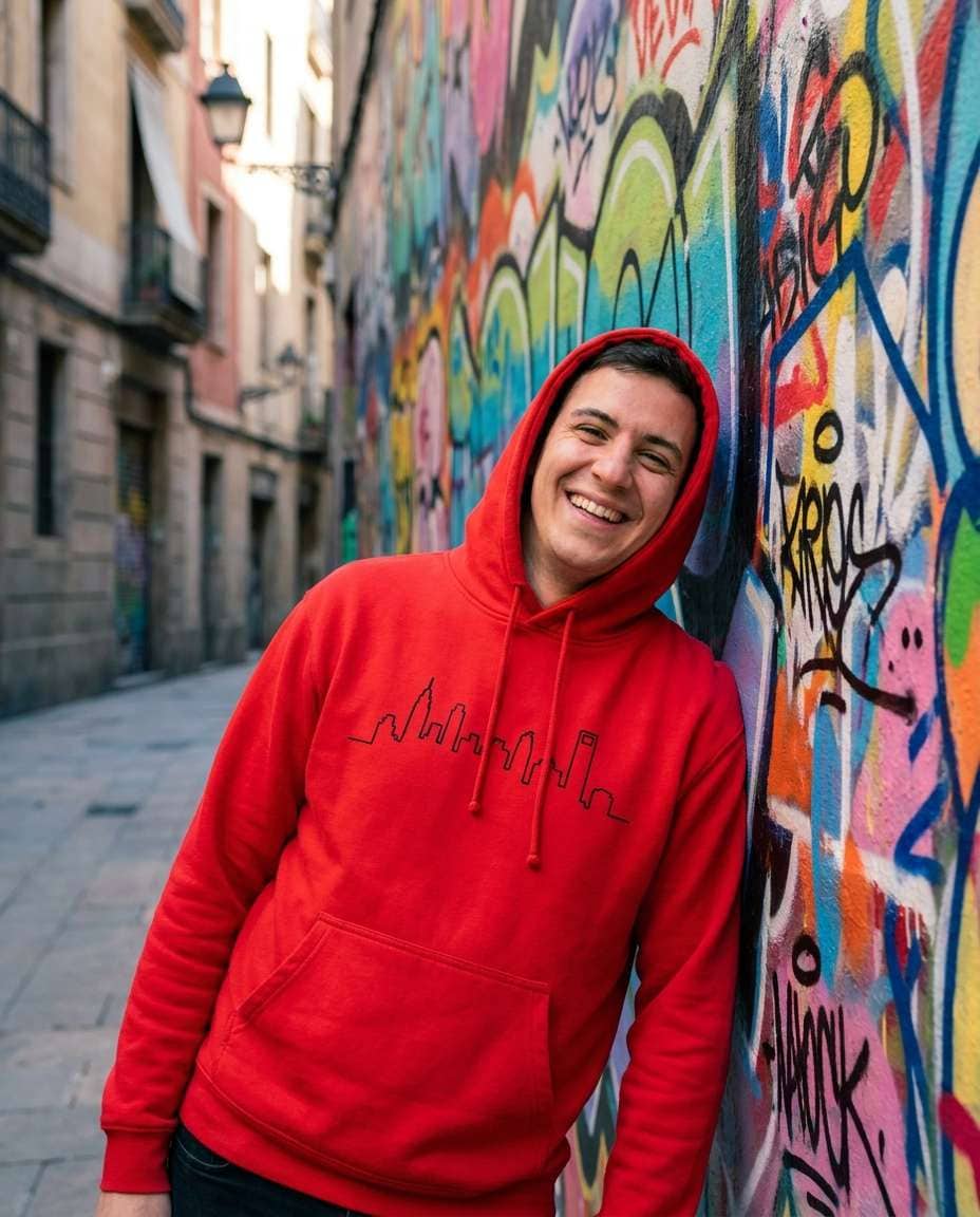 Graffiti Wall Pop AI portrait — Gemini AI Barcelona Hoodie Prompt