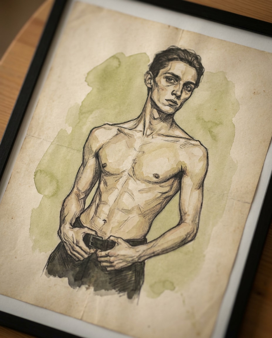 Green Background Stain AI portrait example — Gemini & ChatGPT AI Egon Schiele Art Prompts