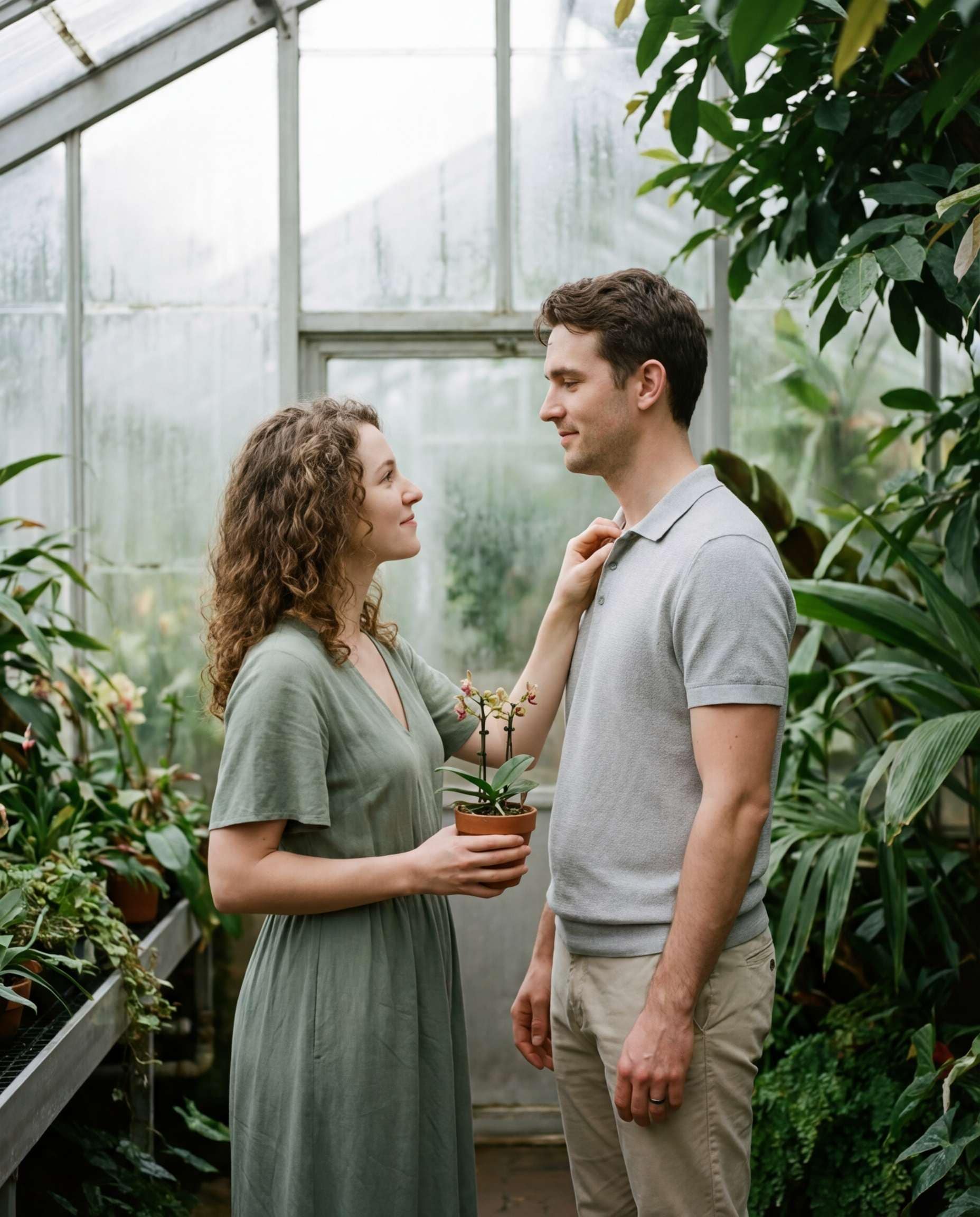 Greenhouse Window Light AI portrait example — AI Couple Flower Photo