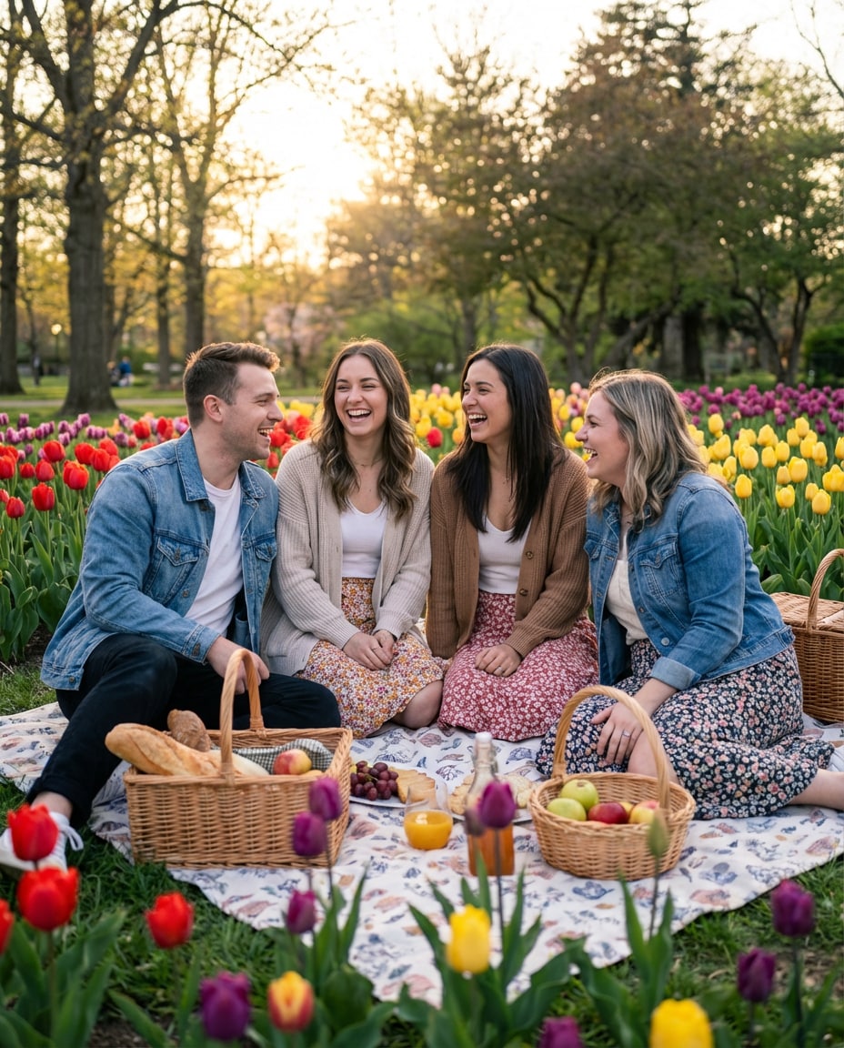 Group Picnic Laugh AI portrait example — AI Tulip Garden Photography Prompt