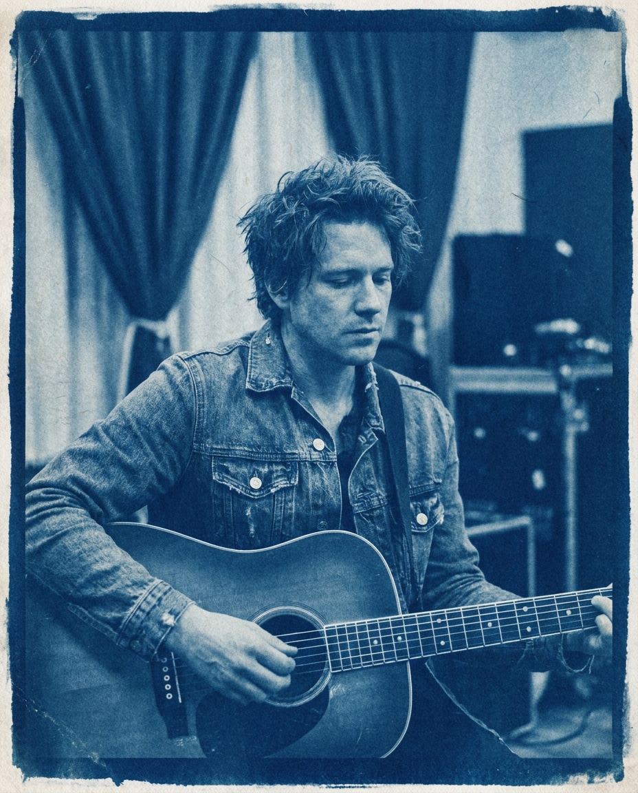 Guitarist Backstage AI portrait example — Free AI Cyanotype Photo Prompts for Gemini & ChatGPT