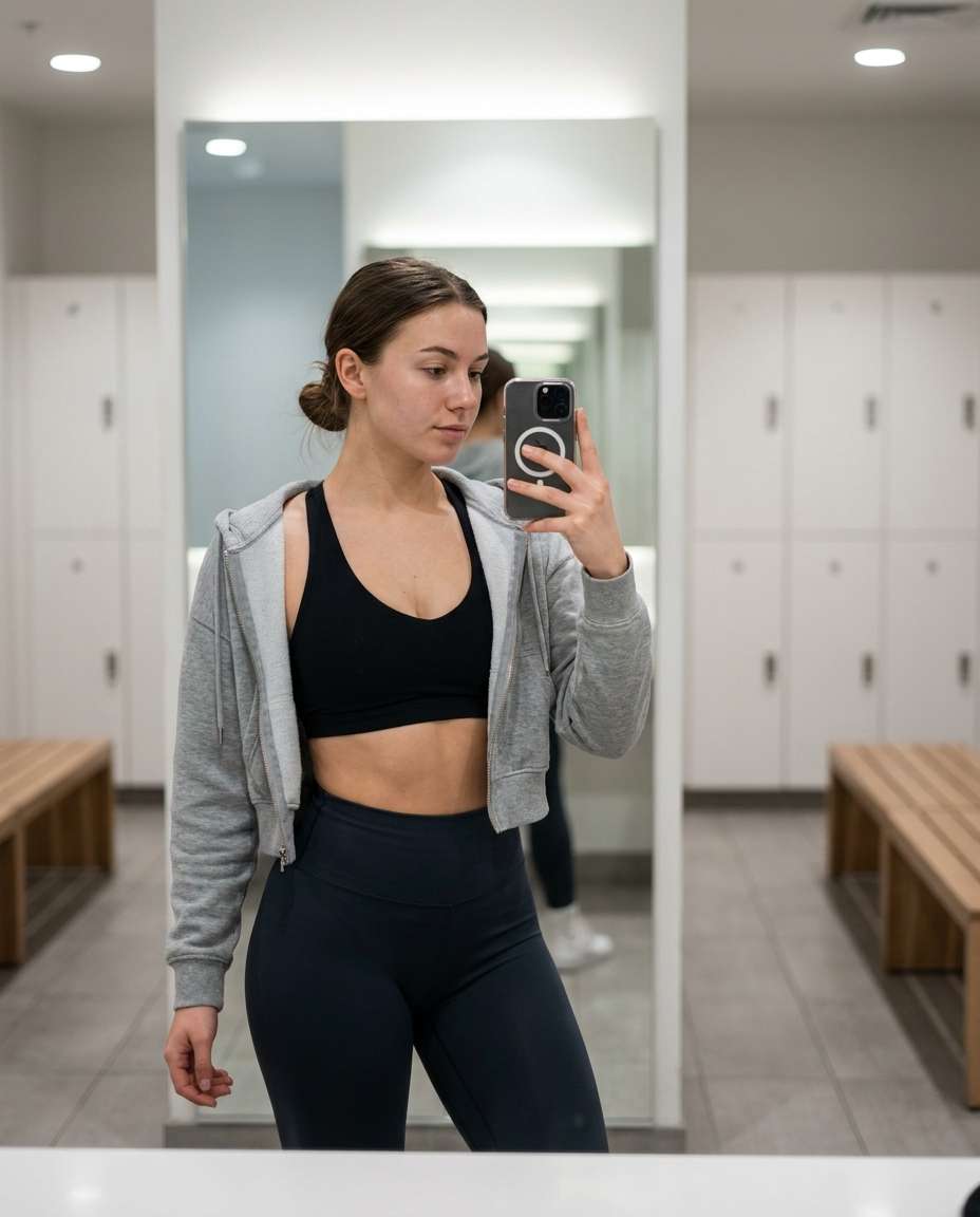 Gym Mirror Editorial AI portrait example — Gemini AI Prompt for Workout Clothes