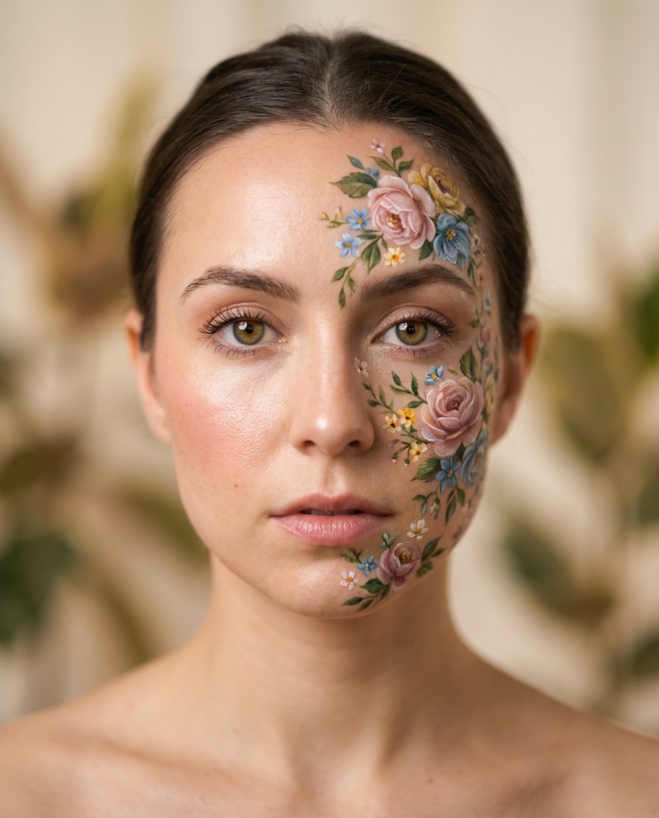 Half Face Floral Paint AI portrait example — Gemini AI Half Face Prompt