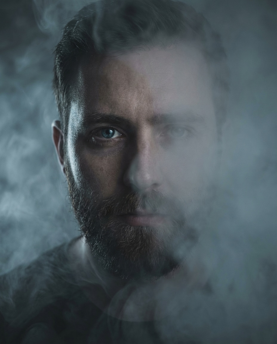 Half Face in Fog AI portrait example — Gemini AI Half Face Prompt