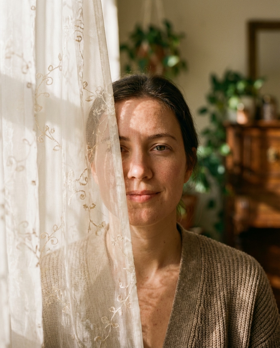 Half Face Through Curtain AI portrait example — Gemini AI Half Face Prompt