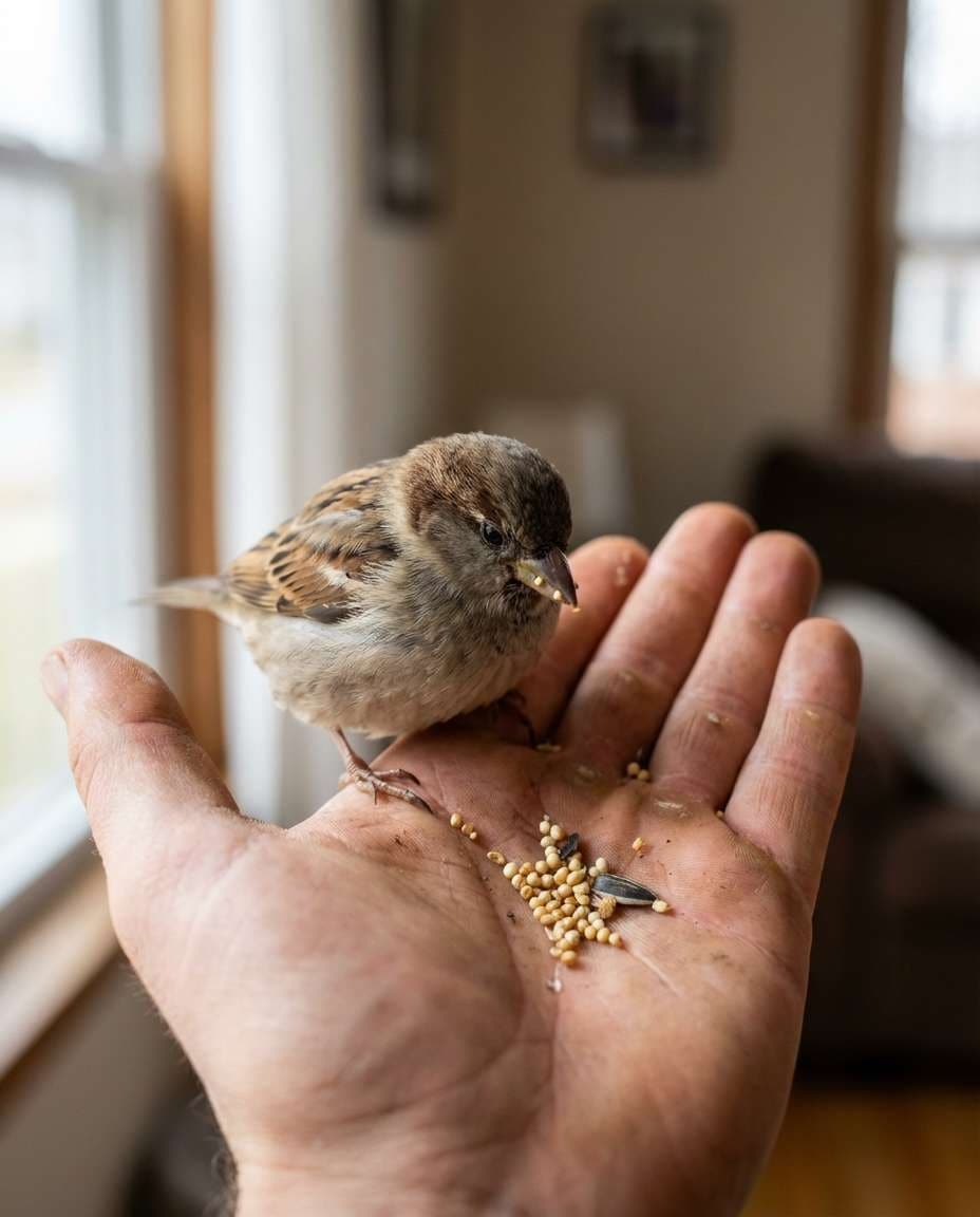 Hand Feeding Sparrow AI portrait — Gemini AI Bird Prompt