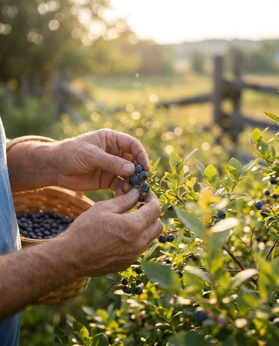 Hands Picking Berries AI portrait example — AI Blueberry Image Prompts for Gemini & ChatGPT