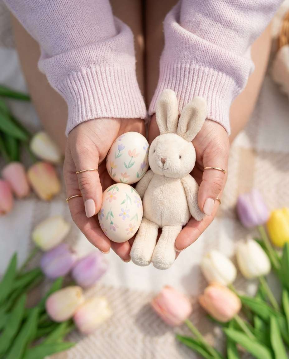 Hands With Eggs Detail AI portrait example — AI Easter Bunny Photography Prompt