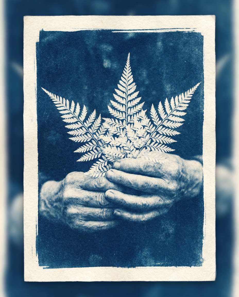 Hands with Ferns AI portrait example — Free AI Cyanotype Photo Prompts for Gemini & ChatGPT