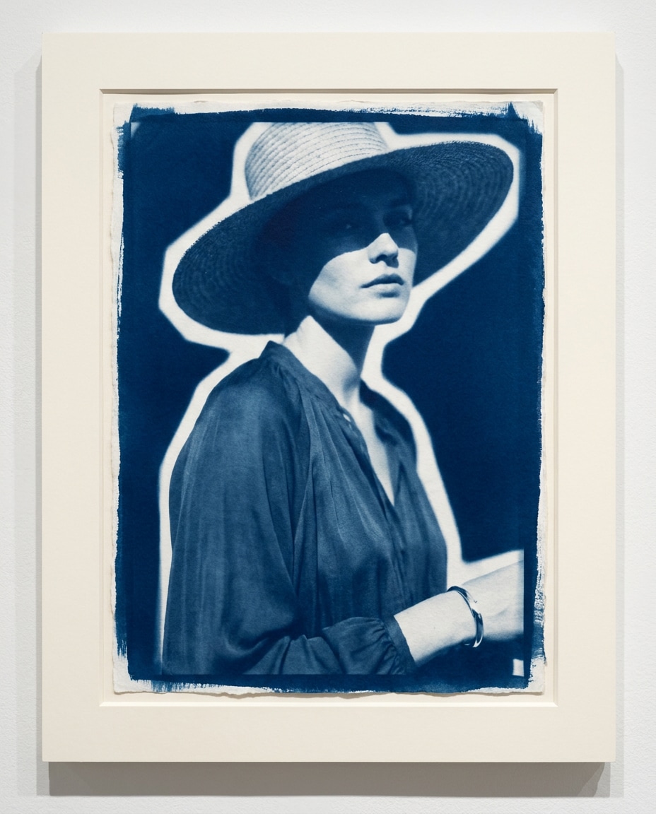 Hat Shadow Fashion AI portrait example — Free AI Cyanotype Photo Prompts for Gemini & ChatGPT
