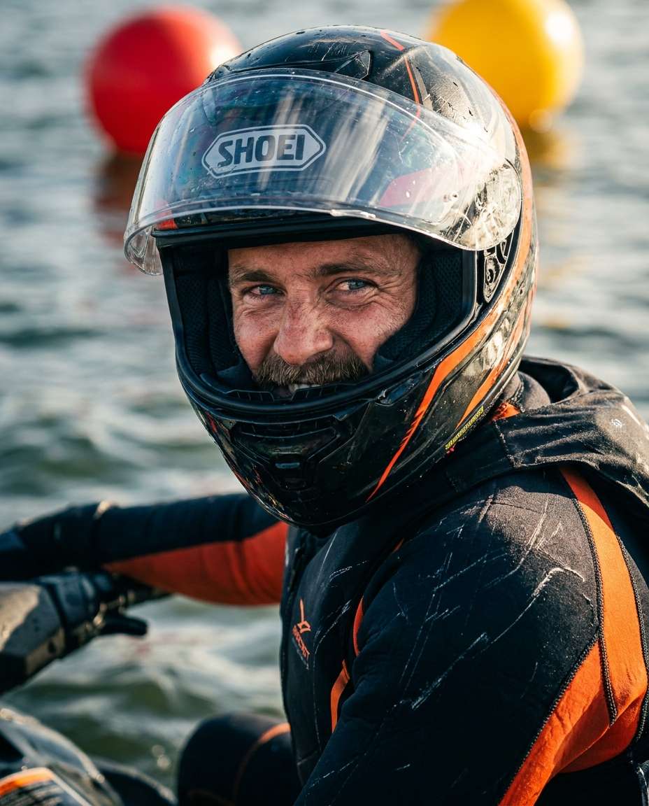 Helmeted Racer AI portrait example — Gemini AI Jet Ski Photo Prompts for Cinematic, Realistic Action Shots