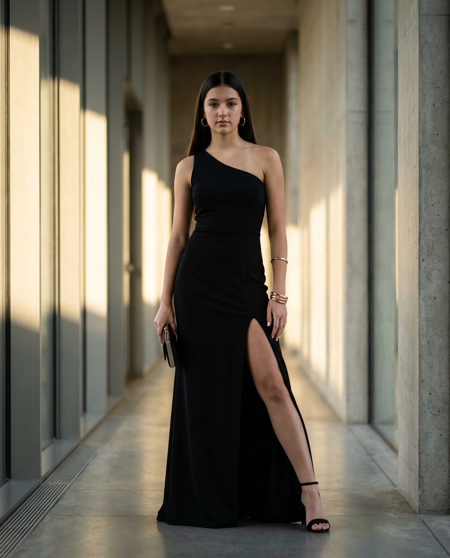 High Slit Confidence AI portrait — Gemini AI Prom Dress Prompt