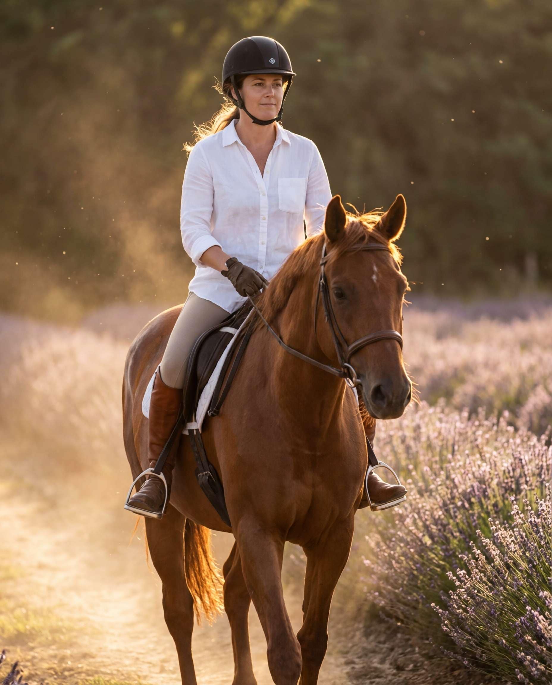 Horseback Lavender Trail AI portrait example — AI Lavender Field Photo