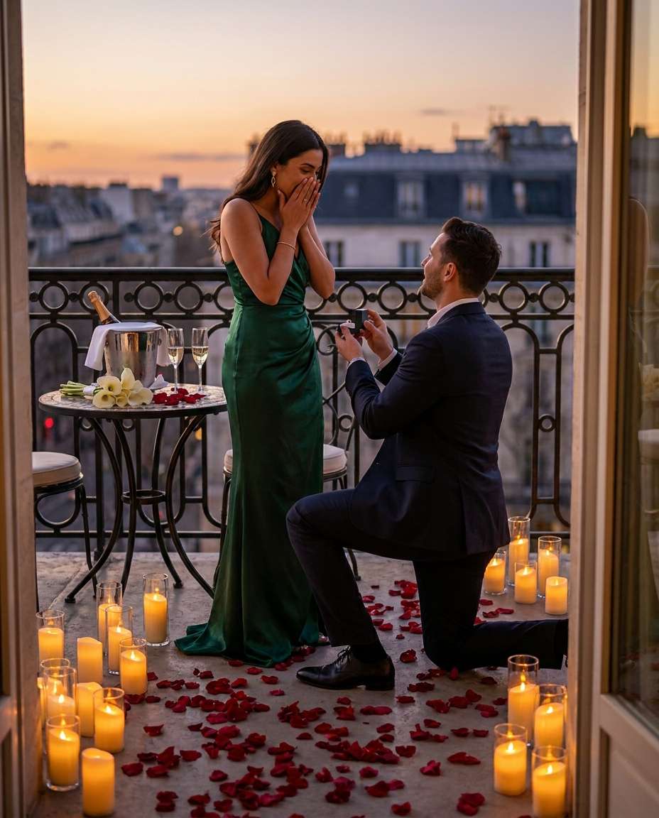Hotel Balcony Rosepetals AI portrait example — Gemini AI Prompt for Proposal