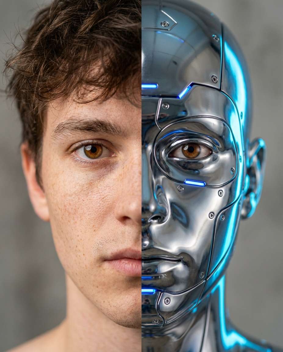 Human vs Chrome Cyborg AI portrait